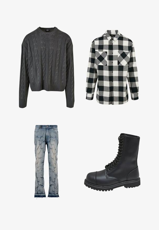 Pull-over en maille torsadée de couleur gris foncé, avec un col rond, des épaules tombantes et un ourlet côtelé. Présente des motifs texturés sur l'ensemble.; Chemise en flanelle noir et blanc avec un grand motif à carreaux, manches longues, patte de boutonnage à l'avant et deux poches poitrine. Fabriquée en tissu doux.; Jean en denim bleu clair avec une texture matelassée et un motif étoilé, ourlets effilochés, et design à cinq poches avec quincaillerie en métal.; Botte de combat en cuir noir avec un haut tige, fermeture lacée à l'avant, col rembourré et semelle texturée robuste pour une meilleure adhérence. Dotée d'un capuchon de protection renforcé.