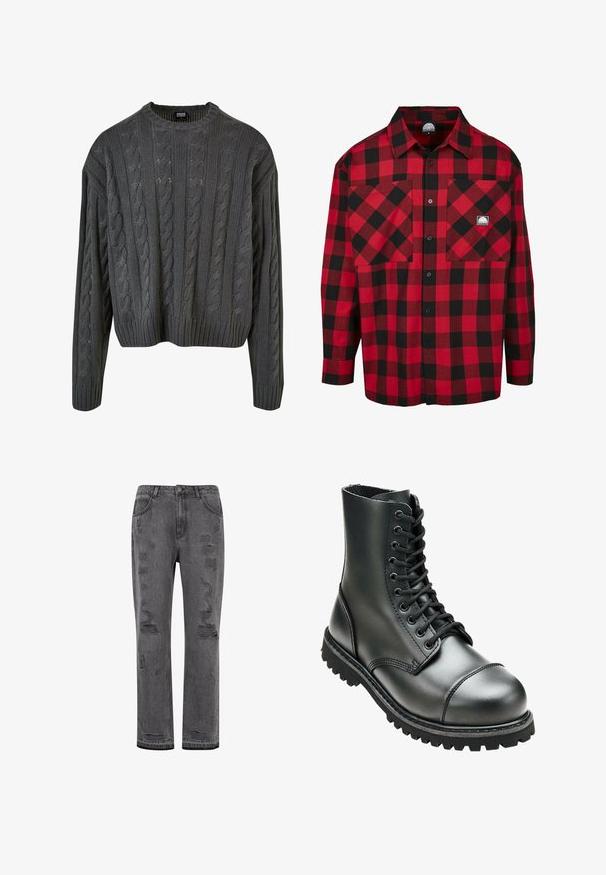 Pull-over en maille torsadée de couleur gris foncé, avec un col rond, des épaules tombantes et un ourlet côtelé. Présente des motifs texturés sur l'ensemble.; Chemise en flanelle à carreaux rouge et noir avec des manches longues, fermeture à boutons, deux poches avant et un petit logo de marque sur la poche de la poitrine.; Jean en denim gris, coupe droite avec un délavage usé, présentant des déchirures visibles et un ourlet légèrement effiloché, fermé par un bouton argenté.; Botte de combat en cuir noir avec une tige haute, bout rond, laçage sur le devant et semelle en caoutchouc robuste avec un profil de crantage profond pour une meilleure adhérence.
