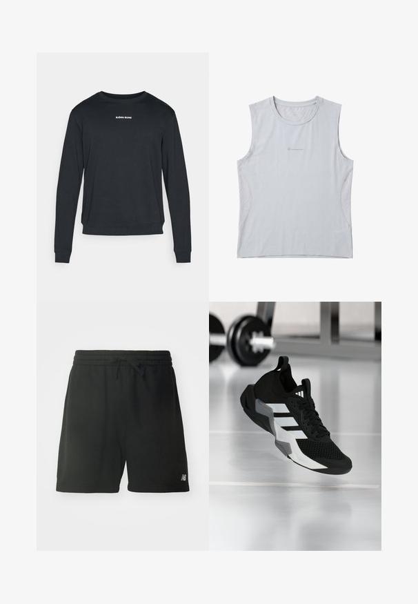 Schwarzer Langarm-Sweatshirt aus weichem Stoff, mit Rundhalsausschnitt, gerippten Bündchen und einem weißen Logo, das auf der Brust aufgedruckt ist.; Ärmelloses hellgraues Sportshirt mit rundem Ausschnitt und dezentem Champion-Logo mittig auf der Brust sowie Netzseitenteilen.; Schwarze Baumwoll-Sportshorts mit elastischem Bund, verstellbarem Kordelzug und Logodetail am unteren linken Bein. Glatte Textur.; Schwarzer Sportschuh mit Mesh-Obermaterial, weißen Streifen und grauen Akzenten. Verfügt über einen gepolsterten Kragen und eine Gummisohle. Geeignet für die Nutzung im Fitnessstudio.
