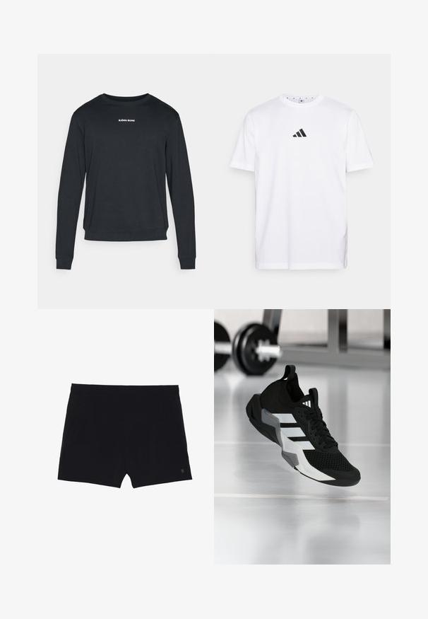 Sweatshirt noir à manches longues en tissu doux, avec un col rond, des poignets côtelés et un logo blanc imprimé sur la poitrine.; T-shirt en coton blanc avec un petit logo triangulaire noir sur la poitrine, manches courtes et col rond. Design simple et classique.; Shorts de sport noirs avec une texture lisse, une taille élastique et deux poches latérales. Présente un petit logo sur le bas à droite.; Chaussure de sport noire avec une tige en mesh, des rayures blanches et des accents gris. Dotée d'un col rembourré et d'une semelle en caoutchouc. Adaptée pour une utilisation en salle de sport.