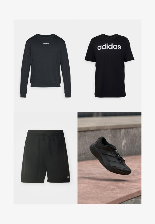 Zwarte lange-mouw sweatshirt gemaakt van zachte stof, met een ronde hals, geribbelde manchetten en een wit logo gedrukt op de borst.; Zwarte katoenen T-shirt met korte mouwen, met een groot wit Adidas-logo aan de voorkant. Klassiek ontwerp met ronde hals.; Zwarte katoenen sportshorts met een elastische tailleband, verstelbaar trekkoord en logodetail op het linkeronderbeen. Glad textuur.; Zwarte moderne hardloopschoen zwevend in de lucht boven roze betonnen trappen met een achtergrond van grijze stenen, met de nadruk op de zool en designdetails.