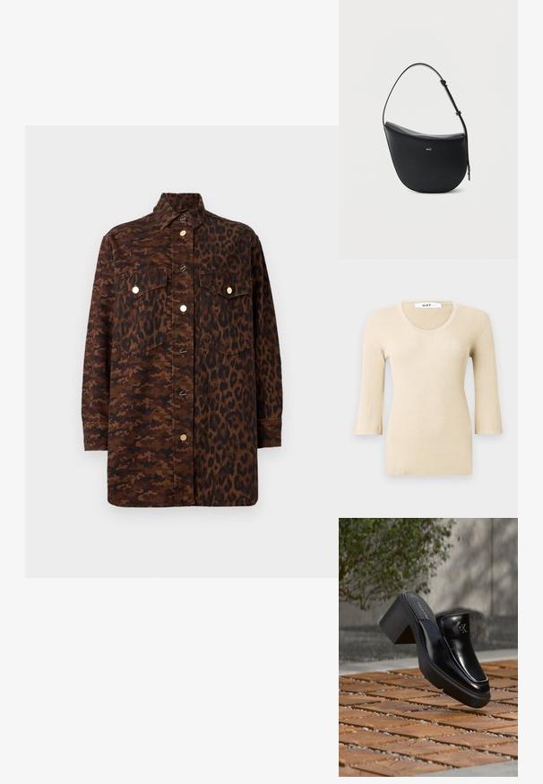 Top à manches longues en beige côtelé avec un décolleté arrondi. La texture est lisse et ajustée. Des poignets évasés ajoutent un détail de design subtil.; Chemise à manches longues boutonnée avec motifs mixtes camouflage marron et léopard, avec poches avant à rabat et boutons dorés.; Mule slip-on en cuir noir Calvin Klein avec talon bloc reposant sur des carreaux en bois à l'extérieur près d'une plante verte et d'un mur gris.; Sac à bandoulière en cuir noir en forme de demi-lune avec une bandoulière réglable et le logo doré « BOSS » centré sur le devant.