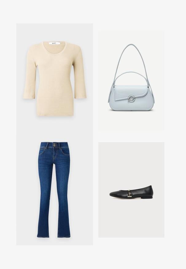 Beige ribbattu pitkähihaine toppi, jossa on kaarrokesuu. Tekstuuri on sileä ja istuva. Laskoshihansuut tuovat hienovaraisen muotoiluelementin.; Tummansiniset leveät farkut, jotka on valmistettu denimmateriaaleista. Ominaisuuksiin kuuluvat kaksi etutaskua, kaksoispainonappi sulkemiseen ja hienovaraiset ompeluyksityiskohdat. Sujuva pinta.; Musta nahkainen ballerina, jossa pieni kultainen solkikoriste sivussa, matala korko ja pyöreä kärki, sivuprofiilissa valkoisella taustalla.; Vaaleansininen nahkainen käsilaukku, jossa on pyöreä läppä, hopeinen pyöreä lukko ja kaksi olkahihnaa yksiväristä taustaa vasten.