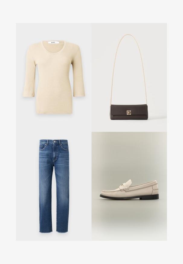 Beige ribbet langærmet bluse med en rund halsudskæring. Teksturen er glat og tætsiddende. Udsvingede manchetter tilføjer en subtil designdetalje.; Blå denimjeans med straight-leg design, featuring en falmet finish, fem-lomme styling og en frynset kant.; Beige læder herresko med sort sål og dekorativ remdetalje på lys grå baggrund.; Rektangulær mørkebrun læderhåndtaske med guldkæde-rem og en lille firkantet guldlås midtfor.