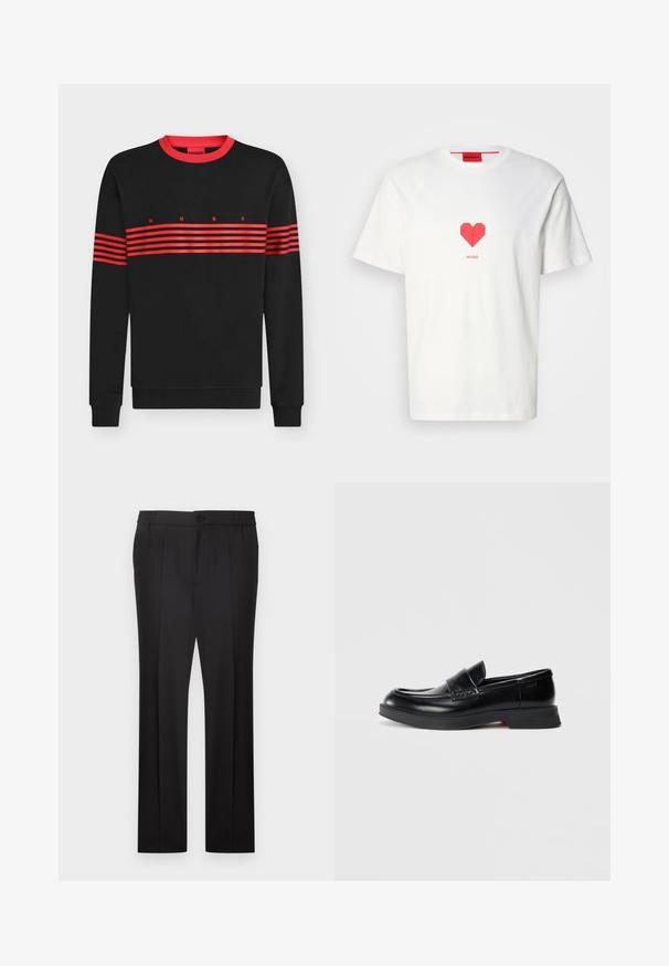 Sort langærmet crewneck-sweatshirt med rød krave og vandrette røde striber over bryst og arme, med teksten "HUGO" foran.; Hvid bomuld T-shirt med et rødt hjertegrafik i midten. Brandnavnet "HUGO" er trykt under hjertet i en simpel skrifttype.; Sorte formelle bukser med frontplisser, en knap- og lynlås-lukning samt en elastisk taljesektion.; Sorte læder loafers med en glat finish, der har en hævet frontpanel og en kontrasterende rød detalje på sålen. Flad gummisål.