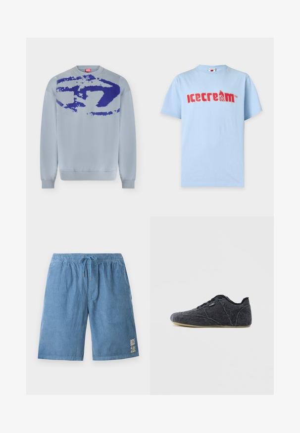 Sweat-shirt bleu clair à col rond avec un imposant motif abstrait bleu de style éclaboussure sur la poitrine et une étiquette rouge Diesel sur le col.; T-shirt bleu clair à manches courtes avec un texte rouge stylisé « icecream » et un petit graphisme d'une personne sur un monocycle à la place de la lettre « a ».; Short en velours côtelé bleu avec taille élastique et cordon, présentant une petite broderie de soleil et de vague sur la partie inférieure gauche de la jambe.; Chaussures décontractées en denim noir avec un bout rond, une surface texturée, des coutures contrastantes et une semelle en caoutchouc verte flexible. Conception à lacets sur le devant.