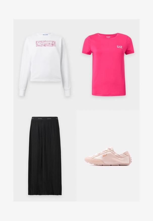 Hvid langærmet sweatshirt med et pink rektangulært blomsterprint og teksten "KARL LAGERFELD JEANS" på brystet.; Lyserød kortærmet t-shirt med rund halsudskæring og lille hvid EA7 Emporio Armani-logo på øverste venstre bryst.; Sort plisset midi-nederdel med elastisk talje, der har et gentagende Calvin Klein-logo i hvid.; Lyserød blød lædersneaker med hvide snørebånd, lavprofilsål og guldfarvet skriftlogo på siden.