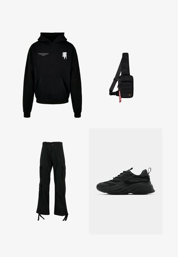 Zwarte hoodie van een katoenmix, voorzien van een buidelzak, een capuchon met koord en witte tekst op de borst en mouw. Zachte textuur.; Zwarte cargobroek van duurzaam materiaal met meerdere zijzakken, een rechte pijpdesign en strikjes aan de zoom voor een verstelbare pasvorm.; Zwarte sportieve sneakers met een chunky zool, mesh panelen en rubberen accenten. Voorzien van een trekband aan de hak en gestructureerde patronen.; Zwarte schoudertas gemaakt van gestructureerde stof. Heeft een hoofdvak met rits, een voorvak met band, een verstelbare riem en een decoratief label.