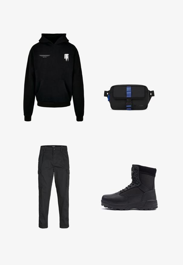Haut à capuche noir en mélange de coton, doté d'une poche avant, d'une capuche avec cordon de serrage et de texte blanc sur la poitrine et la manche. Texture douce.; Pantalons cargo noirs en tissu résistant, dotés de plusieurs poches, d'une fermeture par bouton et d'une coupe slim avec des jambes fuselées.; Botte tactique noire avec une tige en cuir lisse et des panneaux en tissu, design montante, fermeture à lacets à l'avant et semelle en caoutchouc robuste.; Sac en tissu noir de forme rectangulaire, avec une sangle bleue et un fermoir, une boucle sur le côté et un logo embossé à l'avant.