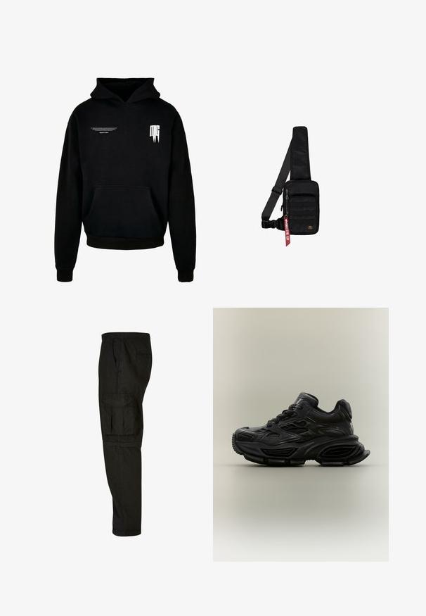 Schwarzer Hoodie aus Baumwollgemisch, mit einer Fronttasche, einer Kapuze mit Kordelzug und weißem Text auf der Brust und dem Ärmeln. Weiche Textur.; Schwarze Cargo-Hosen mit lockerer Passform, elastischem Bund, Seitentaschen und einer großen Cargotasche am Oberschenkel. Weicher, leichter Stoff.; Schwarzer klobiger Sneaker mit strukturiertem Design, dicker Sohle und Schnürverschluss vor schlichtem neutralem Hintergrund.; Schwarze Umhängetasche aus strukturiertem Stoff. Ausgestattet mit einem Reißverschluss-Hauptfach, einer vorderen Tasche mit Gurtband, verstellbarem Riemen und einem dekorativen Anhänger.