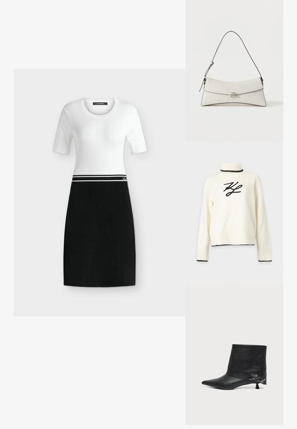 Pull blanc à col haut avec bordure noire au col, aux poignets et à l'ourlet, avec des lettres brodées noires "K" et "L" sur le devant.; Haut en maille blanc à manches courtes avec texture côtelée, associé à une jupe noire unie longueur genou, séparé par une ceinture rayée noire et blanche.; Bottine en cuir noir avec bout pointu, petit talon kitten et détail écrit argenté près du talon.; Sac à bandoulière en cuir blanc avec rabat incurvé, bordure noire, sangle réglable et boucle décorative argentée sur fond uni.
