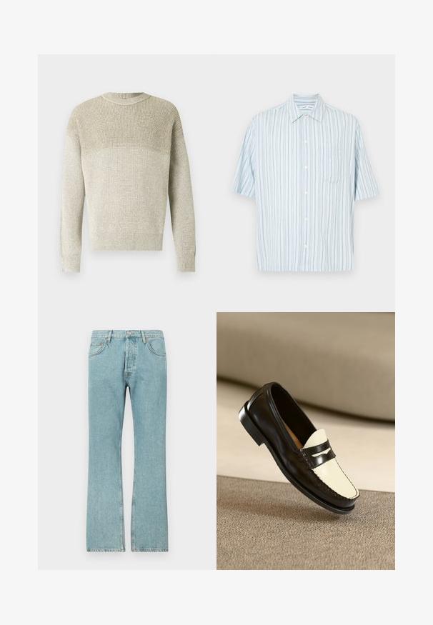 Lysebeige strikketrøje med rund hals, der har et tekstureret mønster, ribbede manchetter og kant samt en subtil gradient-effekt.; Kortærmet skjorte med knapper i lyseblå med lodrette striber og en brystlomme. Fremstillet af letvægtsstof. Standard kravedesign.; Lysblå denimjeans med lige ben-design, der har fem lommer og en knaplukning. Synlige sømme og frynsedetaljer i kanten.; Sort læderloafer med en cremefarvet vamp og sorte accentstriber, som har en lav hæl og detaljeret syning langs kanterne.