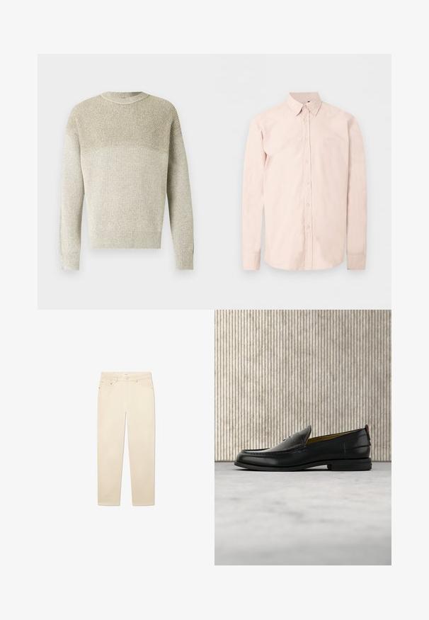 Lichtbeige gebreide trui met een ronde hals, voorzien van een gestructureerd patroon, geribbelde boorden en zoom, en een subtiel verloop in kleur.; Lichtroze blouse met lange mouwen, knopen, puntige kraag, subtiel logo op de borst en knoopmanchetten tegen een effen witte achtergrond.; Witte beige denim jeans met een rechte pijp, voorzien van vijf zakken, een knoop- en ritsluiting, en subtiele stikseldetails.; Zwarte leren herenslipper met een krokodillen-embossed voorblad en een lage hak, zij-aanzicht op een neutrale achtergrond.