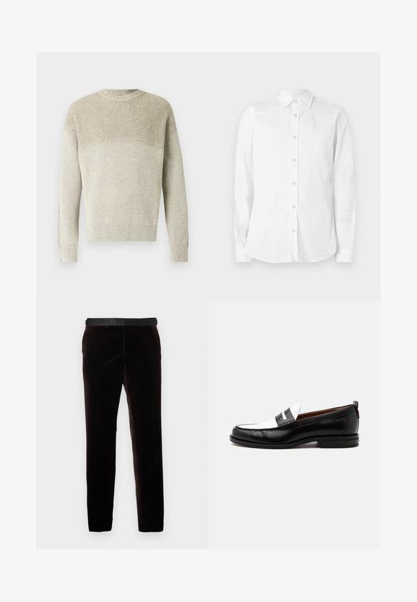 Pull en maille beige clair avec col rond, présentant un motif texturé, des poignets et un ourlet côtelés, ainsi qu'un effet dégradé subtil.; Chemise blanche à manches longues avec boutons, fabriquée en coton. Comprend un col pointu et un petit logo brodé sur la poitrine. Texture lisse.; Pantalons slim marron foncé avec une ceinture noire, présentés sur un fond blanc uni.; Mocassin en cuir noir et blanc avec des détails cousus, un petit talon et un design slip-on, présenté de profil sur un fond uni.