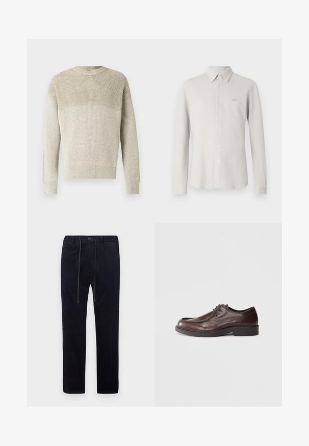 Suéter de punto color beige claro con cuello redondo, que presenta un patrón texturizado, puños y dobladillo acanalados, y un sutil efecto degradado.; Camisa gris claro con botones, tela texturizada, cuello y mangas largas; presenta un sutil logo "BOSS" en el pecho.; Pantalones de pana azul marino con una superficie texturizada, piernas rectas, cintura elástica, cordón ajustable y bolsillos frontales.; Zapato de vestir de cuero marrón con punta redonda, acentos de costura mínimos y una suela negra resistente. Presenta un cierre con cordones y una textura suave.
