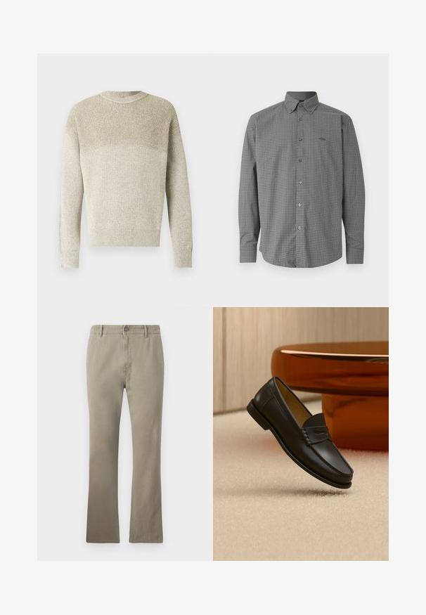 Pull en maille beige clair avec col rond, présentant un motif texturé, des poignets et un ourlet côtelés, ainsi qu'un effet dégradé subtil.; Chemise grise à manches longues avec boutonnière, motif à fines mailles blanches et col, avec logo BOSS brodé sur la poitrine gauche.; Pantalons en coton beige à coupe droite, avec fermeture bouton, passants de ceinture et surface légèrement texturée, adaptés pour un usage décontracté.; Chaussure mocassin en cuir noir suspendue au-dessus d’un tapis beige avec du mobilier moderne couleur ambre en arrière-plan.