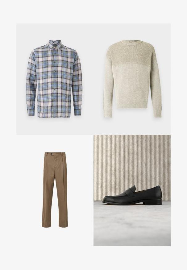 Suéter de punto color beige claro con cuello redondo, que presenta un patrón texturizado, puños y dobladillo acanalados, y un sutil efecto degradado.; Camisa a cuadros en tonos blanco, azul, verde y morado. Cuenta con un cuello abotonado, mangas largas y botones en la parte delantera. Tela ligera.; Pantalones altos de talle en color caqui con pliegues, que presentan un diseño de pierna recta, cierre de botón y una textura de tela suave.; Zapato mocasín de cuero negro flotando sobre una alfombra beige con una mesa redonda marrón brillante al fondo.