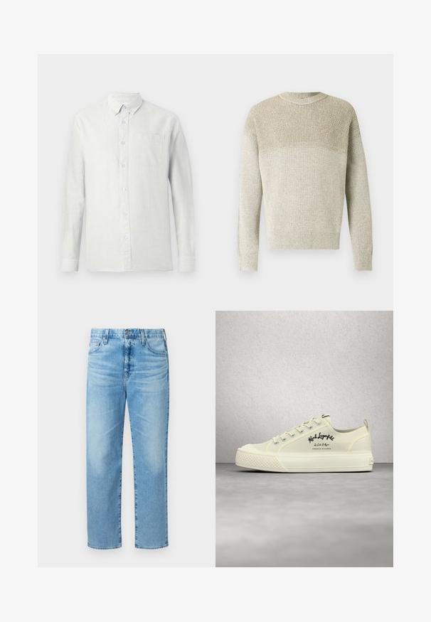 Lysebeige strikketrøje med rund hals, der har et tekstureret mønster, ribbede manchetter og kant samt en subtil gradient-effekt.; Lysfarvet, langærmet skjorte med lodrette striber, knapkrave og en brystlomme. Stoffet ser tekstureret ud med en blød finish.; Lyseblå denim jeans med lige ben design, som har fem lommer, lynlås i gylpen og en subtil falmet tekstur.; Off-white snøresneakers med "Karl Lagerfeld" logo på siden, tekstureret gummisål, vist mod en moderne reflekterende baggrund.