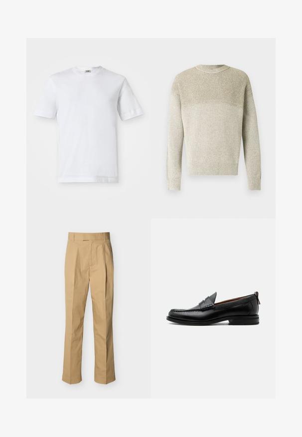 Suéter de punto color beige claro con cuello redondo, que presenta un patrón texturizado, puños y dobladillo acanalados, y un sutil efecto degradado.; Camiseta de algodón blanca con mangas cortas, escote redondo y una textura suave. No se observan patrones ni detalles.; Pantalones beige hechos de algodón suave con cintura alta, con pliegues en la parte delantera y piernas rectas. Sin herrajes visibles ni patrones.; Mocasín de hombre de piel negra con costura moc toe, tira penny, cuello texturizado y tacón bajo apilado sobre fondo blanco.