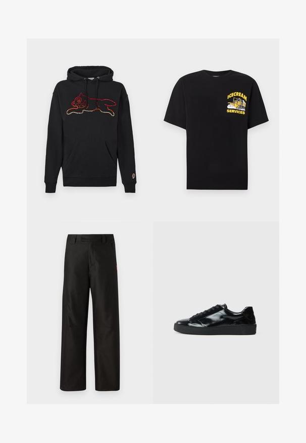 Sort hætte sweatshirt med et farverigt rhinsten-design af et løbende dyr. Har en forlommer og ribbede manchetter.; Sort T-shirt med gul grafik af en isvogn og teksten "ICECREAM SERVICES" på venstre bryst.; Sorte bukser med bred benvidde lavet af glat stof, med flad front, bæltestropper og to sidelommer. Rød logoaccent på siden.; Sorte laklæder sneakers med rund tå, snørredesign, tekstureret gummisål og en glat overflade.