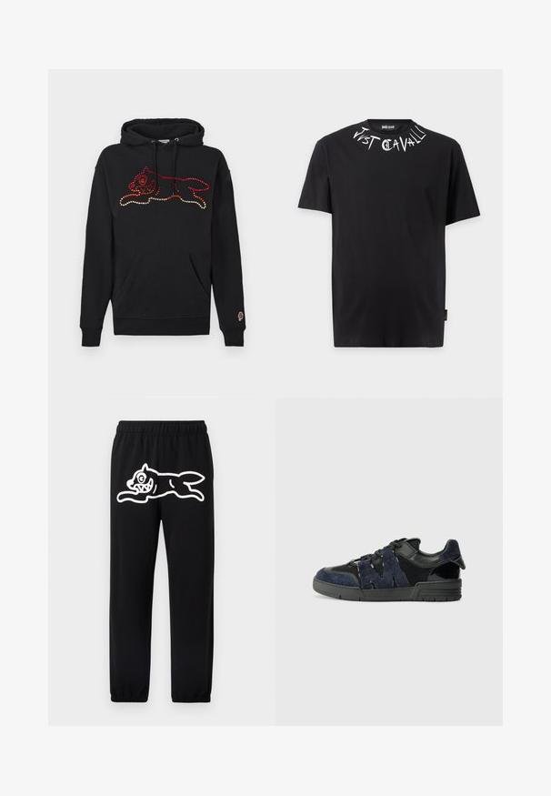 Schwarzer Kapuzenpullover mit einem bunten Strassdesign eines laufenden Tieres. Enthält eine Fronttasche und gerippte Bündchen.; Schwarzes kurzärmeliges T-Shirt mit weißem "Just Cavalli"-Text rund um den Halsausschnitt und einem Markenlabel innen im Kragen.; Schwarze Jogginghose mit elastischem Bund und großem weißen Cartoon-Motiv eines springenden Wesens am linken Bein.; Schwarze und marineblaue Sneakers aus Wildleder und Mesh-Materialien, mit einer dicken Sohle und einem markanten Ausschnitt in Form eines "M"-Details an der Seite.