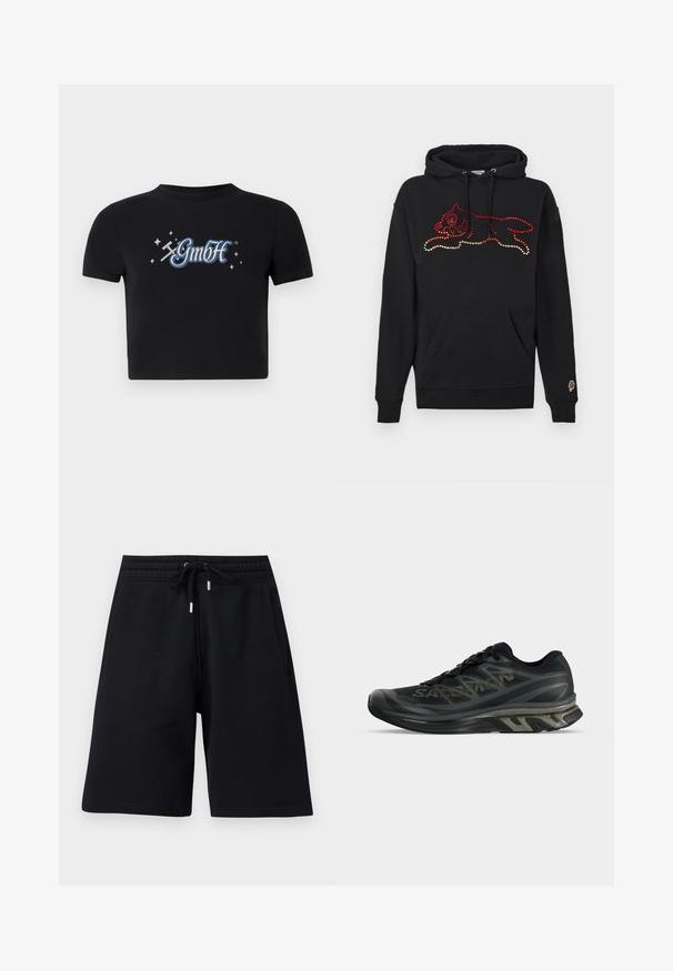 Sort hætte sweatshirt med et farverigt rhinsten-design af et løbende dyr. Har en forlommer og ribbede manchetter.; Sort cropped t-shirt lavet af bomuld med en rund halsudskæring, prydet med et blåt og hvidt "GmbH" logo omgivet af små stjerner, trykt på forsiden.; Sorte knælange shorts med elastisk talje og snøre, med sidelommer og en afslappet pasform.; Sort atletisk løbesko med mønstret syntetisk overdel, polstret sål og snørelukning, vist fra siden på en ensfarvet baggrund.