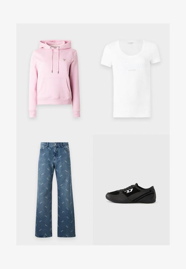 Rosa Kapuzenpullover aus weichem Stoff, mit einer Fronttasche, Kordelzugverschluss und kleinem dreieckigem Logo auf der Brust.; Weißes kurzärmeliges T-Shirt aus Baumwolle: verfügt über einen Rundhalsausschnitt und ein strukturiertes "Guess est.1981"-Logo in passendem Weiß auf der Vorderseite.; Hellblaue Denim-Jeans im weit geschnittenen Design, mit einem wiederholten 'lala'-Logo-Muster in Weiß und einem klassischen Fünf-Taschen-Stil.; Schwarze Sportschuhe mit Obermaterial aus Wildleder und Synthetik, mit strukturiertem Design, rundlicher Zehenpartie und flacher Sohle. Silbernes Logo-Detail an der Seite.
