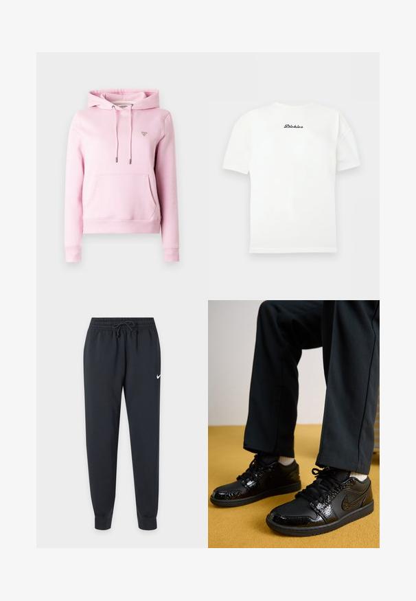 Sudadera con capucha rosa hecha de tela suave, que cuenta con un bolsillo frontal, cierre con cordón y un pequeño logo triangular en el pecho.; Camiseta blanca de manga corta y cuello redondo con pequeño logo negro "Dickies" centrado en el pecho.; Pantalones de chándal negros Nike con cinturilla elástica y cordón, piernas ajustadas, tobillos con puños y pequeño logo blanco de Nike en el muslo derecho.; Zapatillas Nike negras con parte superior de charol texturizado, suela de goma y cordones redondos, combinadas con pantalones negros y calcetines blancos.