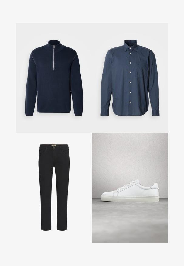 Jersey de punto azul marino con media cremallera y cuello alto. Presenta mangas largas y una textura suave, con detalles mínimos y sin patrones.; Camisa abotonada azul marino con mangas largas, pequeño patrón de cuadros, un bolsillo en el pecho y botones blancos sobre un fondo liso.; Vaqueros de mezclilla negra con corte recto, diseño de cinco bolsillos y cierre frontal de botón. Textura suave con sutiles detalles de costura.; Zapatilla blanca con parte superior de cuero liso y perfil bajo. Presenta una puntera redondeada, seis ojales y una suela de goma texturizada.
