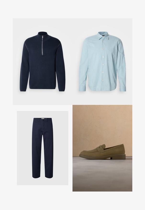 Pull-over en maille bleu marine avec demi-fermeture éclair et col montant. Caractérisé par des manches longues et une texture lisse, avec des accents minimaux et sans motifs.; Chemise à manches longues à carreaux bleu clair avec un col boutonné, une poche poitrine et des boutons blancs. Fabriquée dans un tissu lisse.; Pantalon bleu marine à jambes droites avec fermeture bouton et zip, passants pour ceinture et poches latérales sur fond uni.; Mocassin en daim marron flottant au-dessus d'un tapis beige texturé dans un salon avec une table basse en bois et des livres empilés.