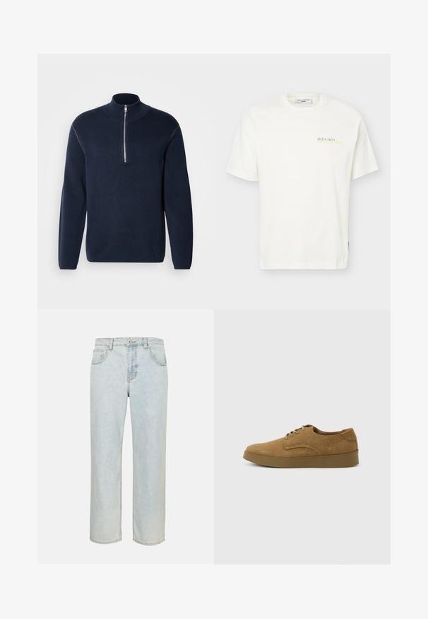 Pull-over en maille bleu marine avec demi-fermeture éclair et col montant. Caractérisé par des manches longues et une texture lisse, avec des accents minimaux et sans motifs.; T-shirt blanc à manches courtes avec un petit texte « Oyster Party Marc O’Polo Denim » en bleu et jaune sur la partie supérieure gauche de la poitrine.; Jean denim bleu clair droit avec poches avant, passants de ceinture et fermeture par bouton sur un fond uni.; Chaussure décontractée à lacets en daim marron avec semelle en caoutchouc plate, vue de côté sur un fond clair uni.