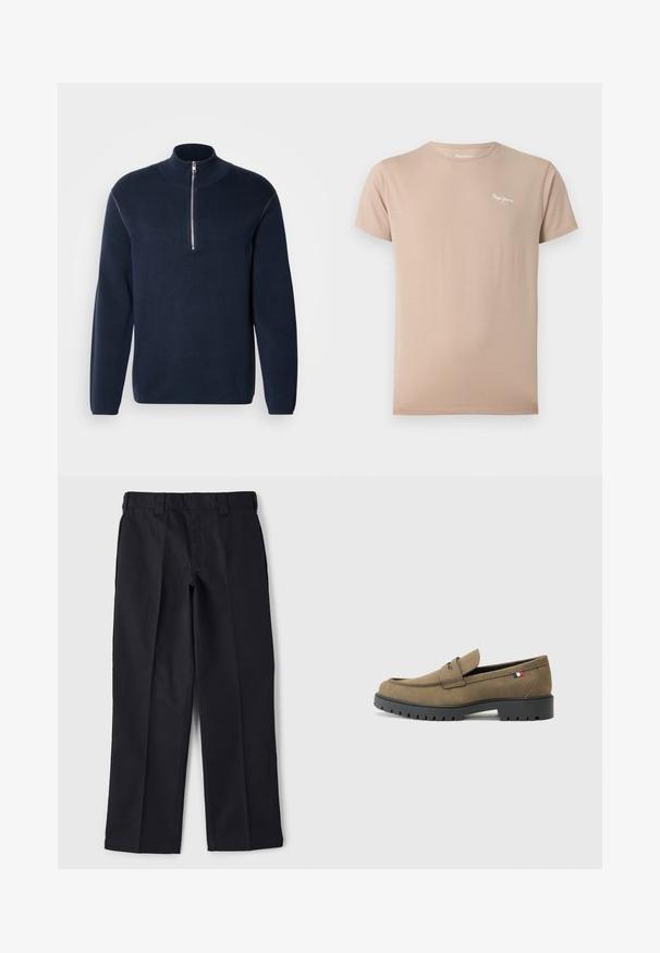 Jersey de punto azul marino con media cremallera y cuello alto. Presenta mangas largas y una textura suave, con detalles mínimos y sin patrones.; Camiseta beige de manga corta y cuello redondo con pequeño logo blanco de "Pepe Jeans" en la parte superior izquierda del pecho.; Pantalones negros de tela duradera, con un diseño de corte recto, cinturilla con pasadores para cinturón y sin bolsillos ni adornos visibles.; Mocasines de ante marrón con punta redondeada, suela de goma negra y costuras decorativas. Presenta un pequeño acento de bandera roja, blanca y azul.