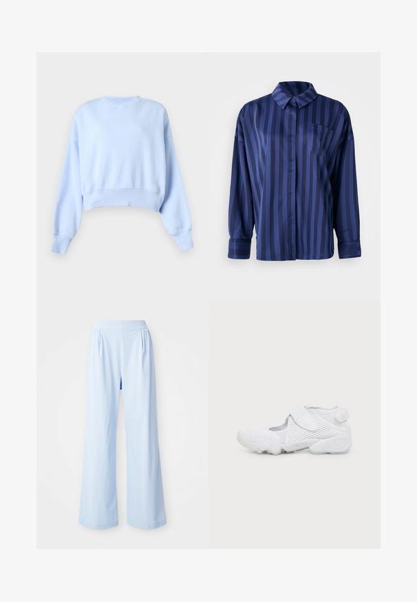 Lyseblå cropped sweatshirt med lange ærmer, ribstrikkede manchetter og kant samt lille hvid Nike-logo på brystet mod en ensfarvet baggrund.; Mørkeblå stribet skjorte med krave, brystlomme og lange ærmer. Lavet af et glat, skinnende stof med en løs pasform.; Lyseblå bredbenede bukser med en glat tekstur, elastisk talje og plisserede detaljer på fronten. Fremstillet af et blødt stof.; Hvid sportssko med mesh-overdel, justerbar velcrolukning over vristen, fleksibel sål og mærke på hælstroppen.