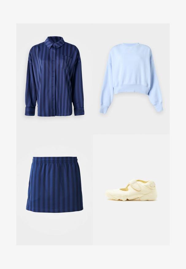 Lichtblauwe cropped sweat met lange mouwen, geribde boorden en zoom, en klein wit Nike-logo op de borst tegen een effen achtergrond.; Marineblauw gestreepte shirt met kraag, borstzak en lange mouwen. Gemaakt van een gladde, glanzende stof met een losse pasvorm.; Marineblauwe rok met verticale strepen, elastische tailleband, lengte tot halverwege het bovenbeen, gemaakt van lichte stof, gladde textuur.; Beige sportschoen met dikke zool, uitsnijdingen en twee verstelbare klittenbandsluitingen op een witte achtergrond.
