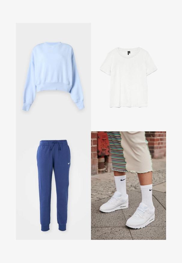 Lyseblå cropped sweatshirt med lange ærmer, ribstrikkede manchetter og kant samt lille hvid Nike-logo på brystet mod en ensfarvet baggrund.; Hvid kortærmet t-shirt med rund halsudskæring, lavet af letvægtsstof. Enkel design, glat tekstur og lige kant.; Blå Nike sweatpants med elastisk talje, snøre, afsluttende ankler og hvid Nike swoosh-logo på venstre lår.; Hvide Nike Air Max 90 sneakers med mesh og læderoverdel, der har en synlig luftenhed, parret med hvide ribbede sokker med sort logo.