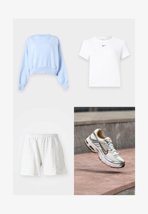 Svetlomodrá krátka mikina s dlhými rukávmi, rebrovanými manžetami a lemom a malým bielym logom Nike na hrudi na jednofarebnom pozadí.; Biele krátke tričko značky Nike s krátkym rukávom a zrezaným strihom, s malým čiernym logom Nike swoosh umiestneným pod výstrihom uprostred.; Šedé športové šortky vyrobené z ľahkého materiálu, s elastickým pásom, prešitými detailmi a malým logom na spodnej ľavej strane.; Biely a strieborný bežecký Nike topánka s béžovým logom Swoosh, zobrazená vo vzduchu nad kamenným povrchom s rozmazaným sivým pozadím steny.