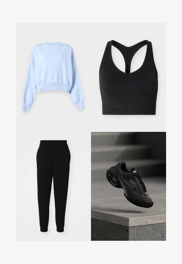 Vaaleansininen lyhyt collegepaita, jossa pitkät hihat, resorireunukset hihoissa ja helmassa sekä pieni valkoinen Nike-logo rinnassa yksivärisellä taustalla.; Musta Nike Pro urheiluliivit racerback-mallilla ja joustavalla alareunuksen nauhalla, jossa on hienovarainen Nike-logo ja brändäys.; Mustat jogger-housut pehmeästä kankaasta, joissa on kapeneva lahje, joustava vyötärö ja ribatut hihnat sivusaumojen kanssa tyylikkään ilmeen saavuttamiseksi.; Musta urheilukenkä, jossa on pintakuvioitu nahkainen päällinen, näkyvä logo ja pehmustettu pohja. Sisältää abstrakteja kuvioita ja sileitä, pyöristettyjä yksityiskohtia.