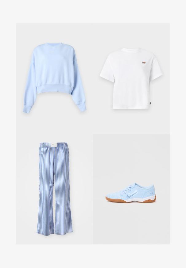 Hellblaue cropped Sweatshirt mit langen Ärmeln, gerippten Bündchen und Saum sowie kleinem weißem Nike-Logo auf der Brust vor einfarbigem Hintergrund.; Weißes Baumwoll-T-Shirt mit einem lockeren Schnitt, das ein kleines Logopatch auf der Brust und ein Etikett an der Seite für zusätzliche Details aufweist.; Blaue und weiße gestreifte Hose mit lockerer Passform, aus leichtem Stoff, mit elastischem Bund und einem dezenten Logo-Tag.; Helle blaue Sportschuhe mit einem glatten synthetischen Obermaterial, strukturierten Akzenten und einer Gummisohle. Mit einem Logo an der Seite.