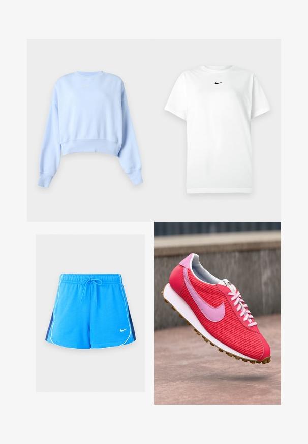 Lyseblå cropped sweatshirt med lange ærmer, ribstrikkede manchetter og kant samt lille hvid Nike-logo på brystet mod en ensfarvet baggrund.; Hvid kortærmet T-shirt med rund hals, prydet med et lille sort Nike swoosh-logo centreret under halsudskæringen.; Blå atletikshorts med hvide kanter langs kanterne, navyblå sidestykker, elastisk talje, snøre og lille hvid Nike-logo foran.; Lys pink og rød strikket sneakers med lyserød logo og snørebånd, hvid sål og brun bund flyvende over en betonoverflade.
