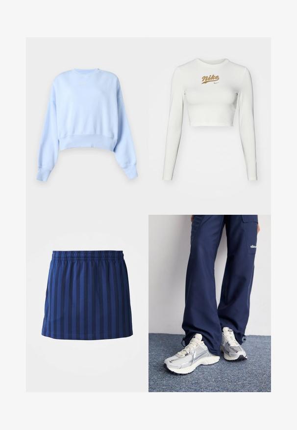 Sudadera corta azul claro con mangas largas, puños y dobladillo acanalados, y pequeño logo blanco de Nike en el pecho sobre un fondo liso.; Crop top blanco de manga larga, hecho de una tela suave, que presenta un estampado del logo dorado de Nike en el pecho y un clásico escote redondo.; Falda azul marino con rayas verticales, cinturilla elástica, de longitud hasta el muslo, hecha de tela ligera, textura suave.; Zapatillas deportivas Nike con parte superior de malla plateada, acentos blancos y suelas texturizadas, combinadas con pantalones azul marino de corte holgado.