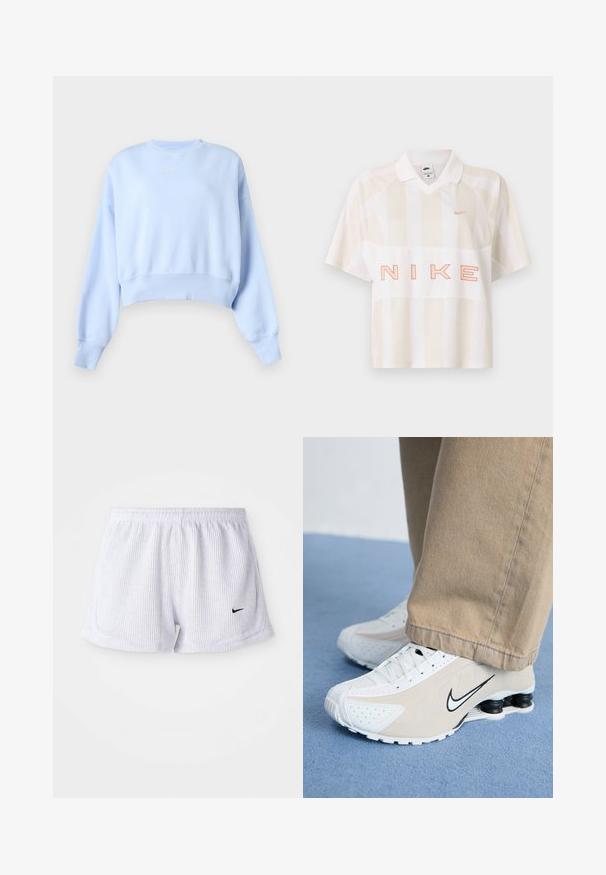 Sudadera corta azul claro con mangas largas, puños y dobladillo acanalados, y pequeño logo blanco de Nike en el pecho sobre un fondo liso.; Polo de manga corta a rayas blancas y beige de Nike con cuello, pequeño logo Swoosh en el pecho y gran texto contorneado "NIKE" en la parte frontal.; Bermudas deportivas blancas con costillas, cinturilla elástica y pequeño logo negro de Nike en la parte inferior izquierda. Diseño simple y minimalista.; Zapatillas Nike blancas y beige con diseño perforado, logo de swoosh negro, parte superior texturizada y distintivo talón negro elástico.