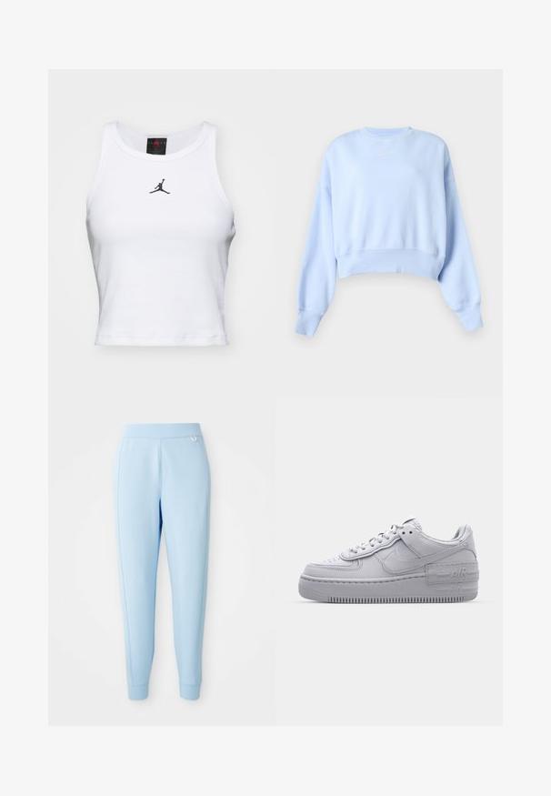 Sudadera corta azul claro con mangas largas, puños y dobladillo acanalados, y pequeño logo blanco de Nike en el pecho sobre un fondo liso.; Top corto blanco de algodón con textura acanalada. Cuenta con un logo negro de Jordan en el centro y un clásico escote redondo.; Pantalones de chándal azul claro hechos de material suave, que presentan una textura lisa, piernas ajustadas y un sutil acento de logo en el costado.; Zapatilla Nike Air Force 1 gris con puntera perforada, parte superior de cuero suave, suela gruesa y detalle en relieve 'AIR' en el talón.