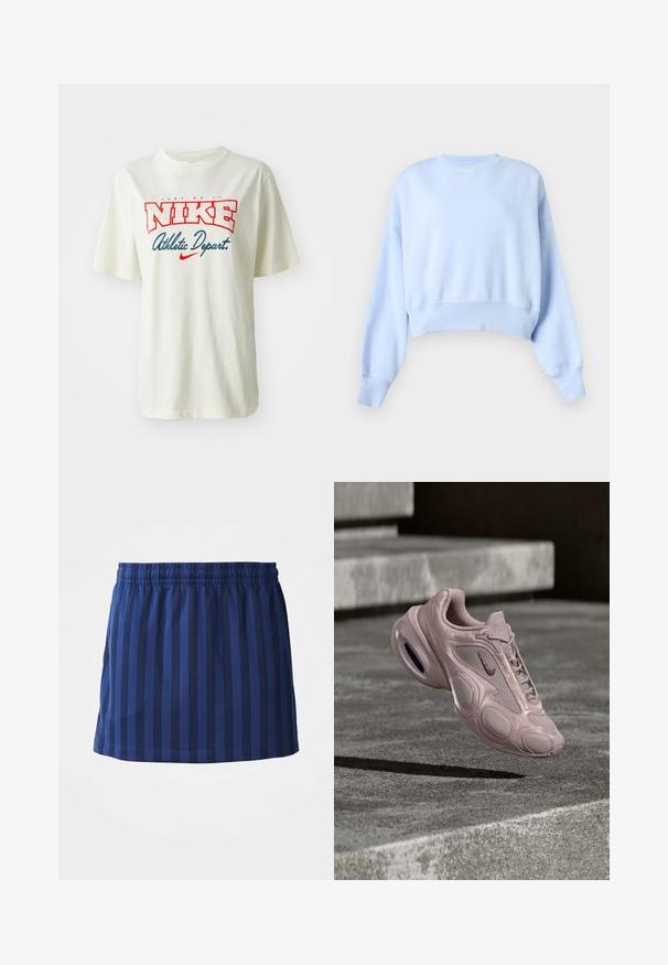 Lyseblå cropped sweatshirt med lange ærmer, ribstrikkede manchetter og kant samt lille hvid Nike-logo på brystet mod en ensfarvet baggrund.; Hvid bomulds t-shirt med rød og blå "NIKE" logo med teksten "Just Do It" ovenover og "Athletic Depart." nedenfor, korte ærmer, rund hals.; Mørkeblå nederdel med lodrette striber, elastisk talje, længde til midten af låret, lavet af letvægtsstof, glat tekstur.; Nike-sneaker i lyserød med øvre del af mesh, rundet sål og synlig polstring. Glat tekstur med præget detaljer.