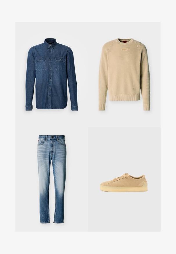 Jersey de punto texturizado beige con mangas largas, puños y dobladillo acanalados, y un pequeño parche rectangular con el logo en el pecho.; Camisa de mezclilla de manga larga, azul oscuro, con dos bolsillos en el pecho con cierre de solapa, cierre de botones en la parte delantera, cuello con solapa y detalles cosidos en los puños.; Vaqueros azules desgastados de pierna recta con cinco bolsillos, cierre de botón y trabillas para cinturón, mostrados extendidos sobre un fondo blanco.; Zapatilla baja de ante beige con suela gruesa de goma, cierre delantero de cordones y sutil marca lateral sobre un fondo gris claro liso.