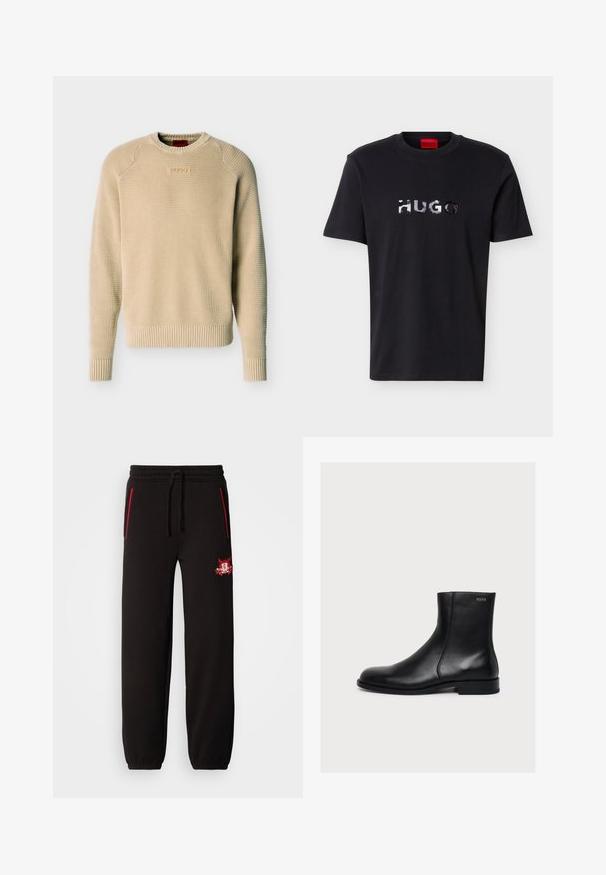 Beige strikket sweater med struktur, lange ærmer, ribbede manchetter og kant samt et lille rektangulært logopatch på brystet.; Sort kortærmet T-shirt med rund hals og skinnende sølvfarvet "HUGO"-logo centreret på brystet samt en rød label indvendigt i kraven.; Sorte sweatpants med elastisk talje, røde accent lynlåse og et fremtrædende broderet logo på venstre lår. Glat tekstur, tætsiddende fit.; Sort glat læderankelstøvle med lav hæl og sidelukning med lynlås, mærket Hugo nær den øverste kant.