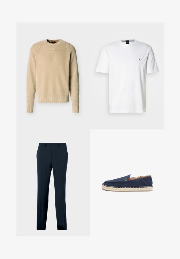 Beige strikket sweater med struktur, lange ærmer, ribbede manchetter og kant samt et lille rektangulært logopatch på brystet.; Hvid bomulds-T-shirt med rund halsudskæring, korte ærmer og et lille logo på venstre bryst. Glat tekstur, klassisk pasform.; Marineblå formelle bukser med bæltestropper, forlommer og lige ben, præsenteret på en neutral baggrund.; Marineblå slip-on espadrille med vævet overdel og naturligt jute-sål syning, set fra siden.