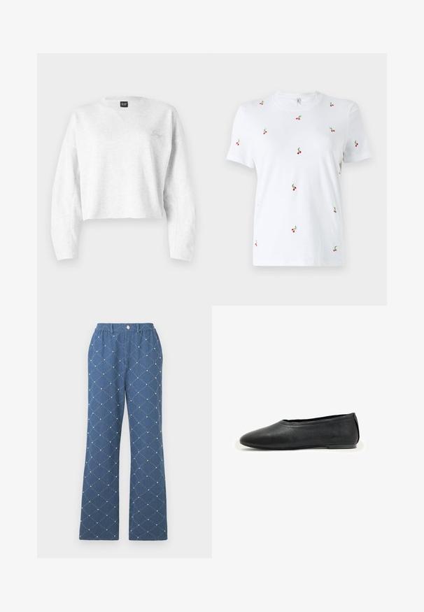 Kort grijs sweatshirt van zacht materiaal; heeft een V-hals, lange mouwen en een klein geborduurd logo op de linkerkant van de borst.; Witte katoenen t-shirt met korte mouwen, voorzien van verspreide rode kersborduursels en groene stelen als opvallende decoratieve details.; Blauwe broek met een patroon in een diamanten quiltontwerp, voorzien van kleine decoratieve kralen, een elastische tailleband en een knoopsluiting.; Zwarte leren platte schoen met ronde neus en lage hak, ontworpen voor casual of formeel gebruik.