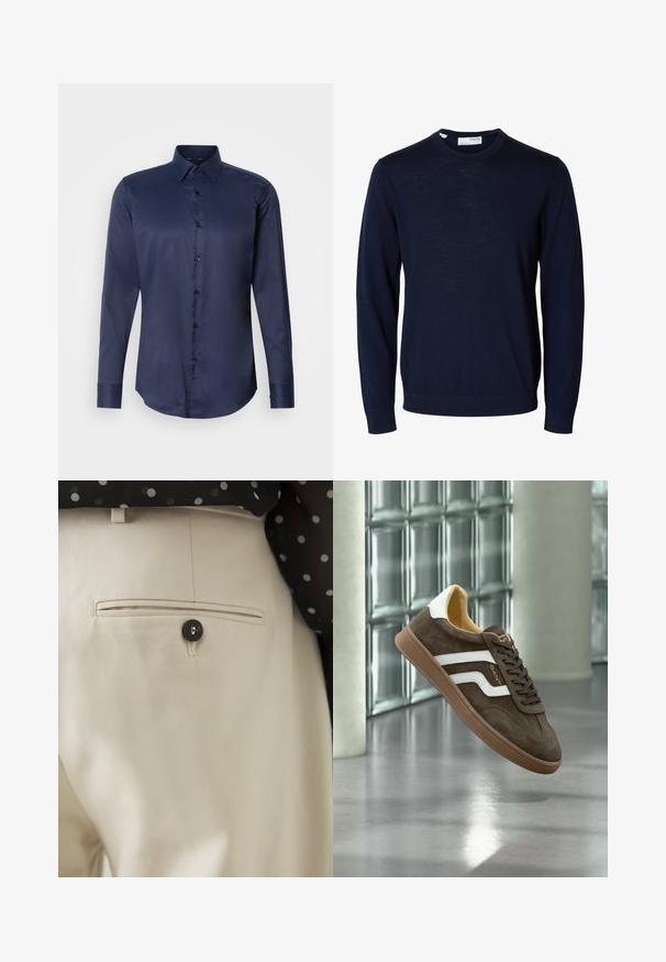 Navyblauwe trui met lange mouwen en ronde hals, met geribbelde boorden en zoom, gemaakt van fijne gebreide stof.; Navyblauwe herenoverhemd met lange mouwen, puntige kraag en knoopsluiting aan de voorkant, weergegeven op een eenvoudige witte achtergrond.; Beige broek met een gestructureerde stof en een achterzak, gesloten met een zwarte knoop. Subtiele stikselaccenten langs de zak.; Bruine suède sneaker met witte zijstrepen en een gumzool, getoond zwevend binnen op een gepolierde betonnen vloer bij glasblokken.