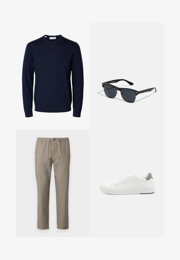Navyblauwe trui met lange mouwen en ronde hals, met geribbelde boorden en zoom, gemaakt van fijne gebreide stof.; Beige broek met een elastische tailleband, trekkoordsluiting en een rechte pasvorm. Materiaal heeft een subtiele textuur.; Witte sneaker van glad leer met een ronde neus, minimalistisch ontwerp, grijze hielaccent en een geplaatste rubberen zool.; Zwarte zonnebril met een rechthoekige vorm, donkere lenzen, zilveren accenten bij de slapen en een matte afwerking op het montuur.
