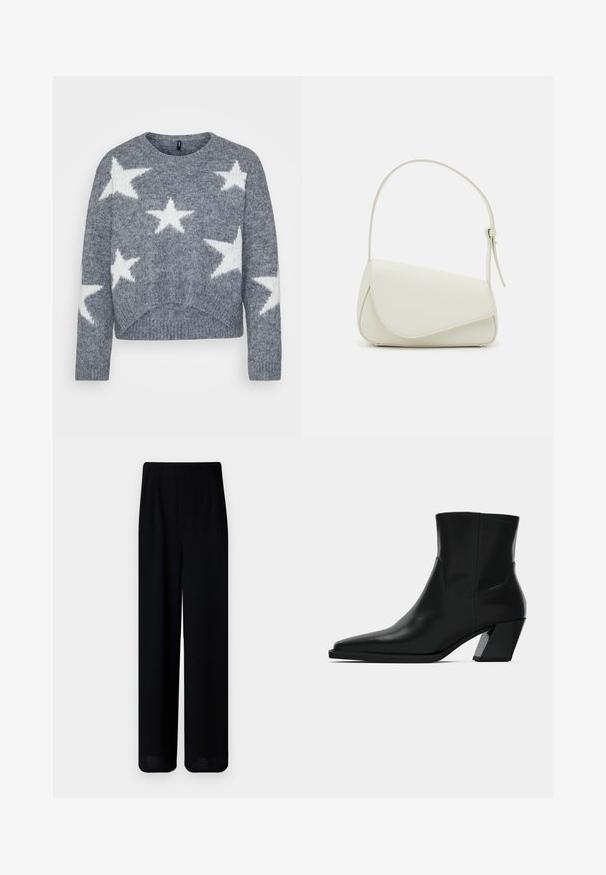 Grå strikket sweater med rund halsudskæring, med hvide stjernemønstre og en cropped kant. Teksturen ser blød og fluffy ud.; Vero Moda Petite VMLIVA SUPER WIDE PANTS - Bukser - black; Sortlæder ankelstøvle med spids tå, en slank silhuet og en kraftig firkantet hæl. Glat tekstur med minimale stikninger.; Hvid taske i faux læder med en struktureret trekantet form, enkelt justerbart skulderstrop og en flaplås med kurver.